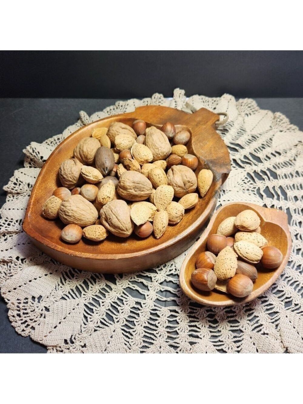 Vintage Mid Century Wood Carved Acorn Nut Tray Serving Dishes Set of 2
